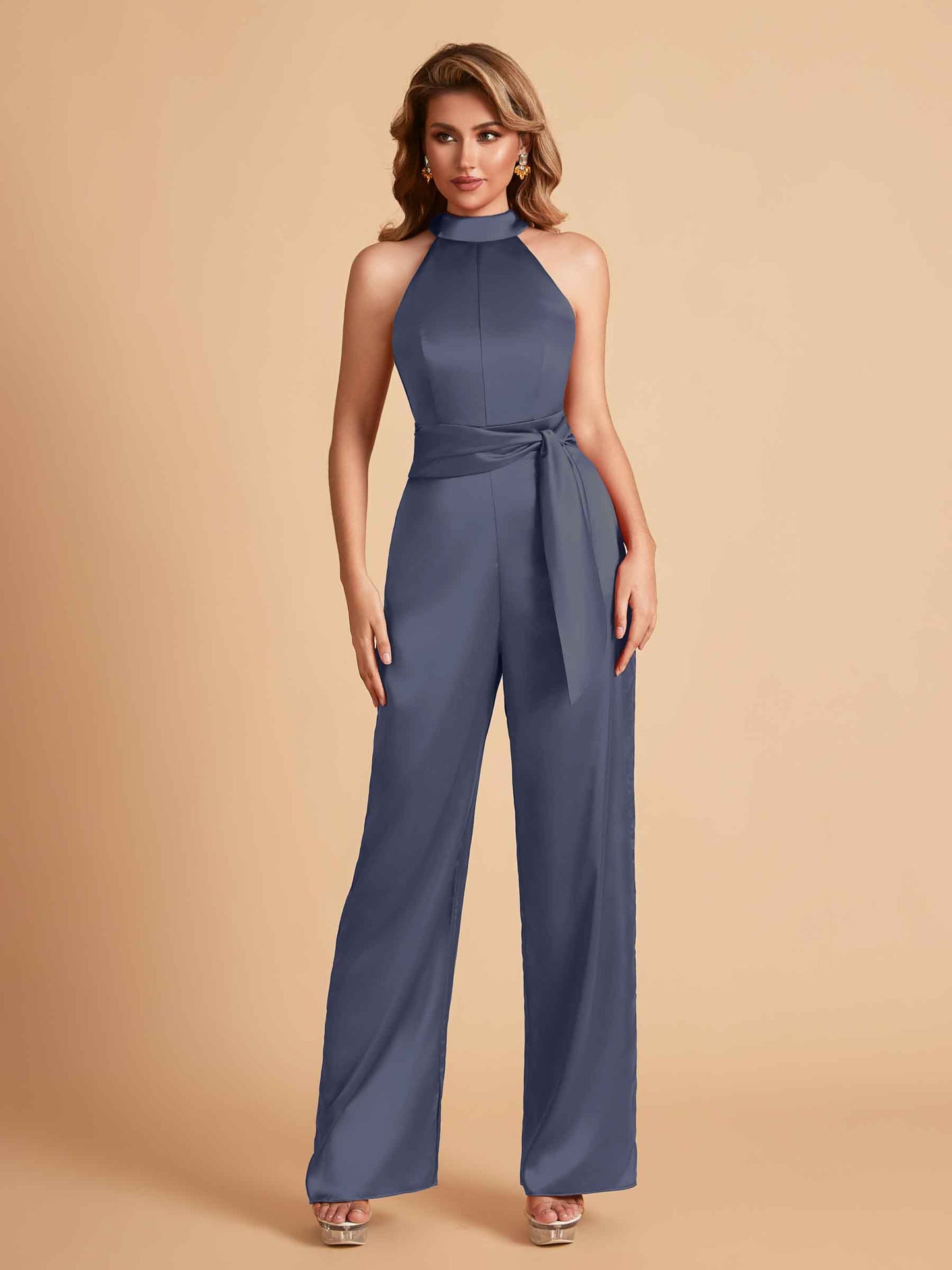 Elegant Satin Halter Sleeveless Satin Floor Length Bridesmaid Jumpsuit
