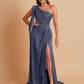 Sexy Soft Satin Mermaid One Shoulder Asymmetrical Side Slit Floor-Length Bridesmaid Dresses