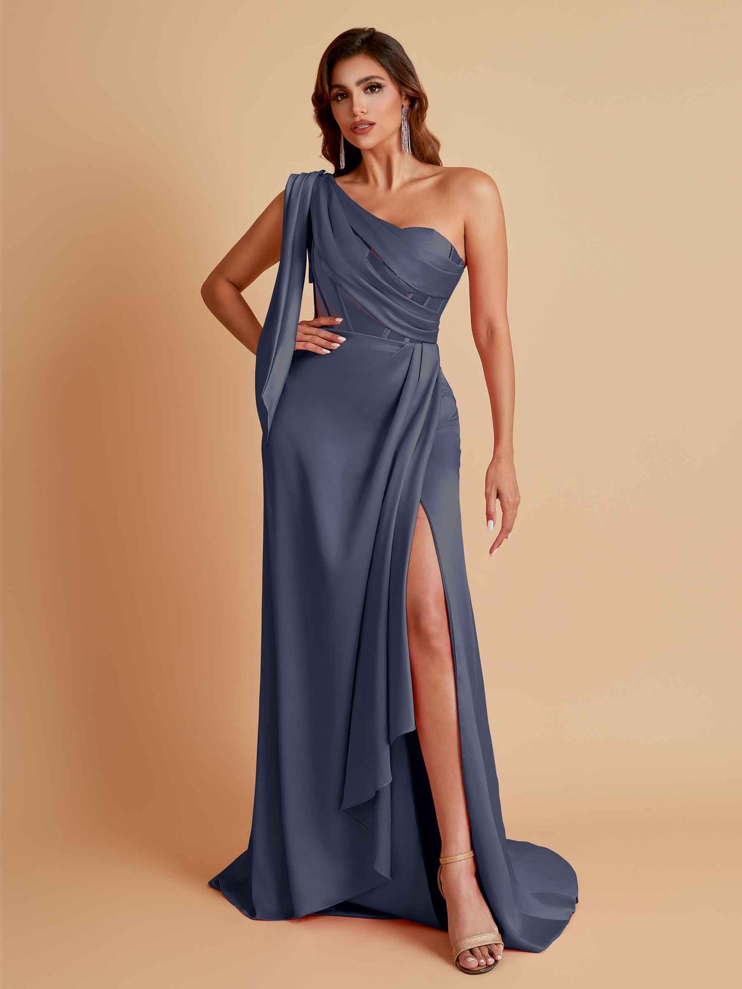 Sexy Soft Satin Mermaid One Shoulder Asymmetrical Side Slit Floor-Length Bridesmaid Dresses