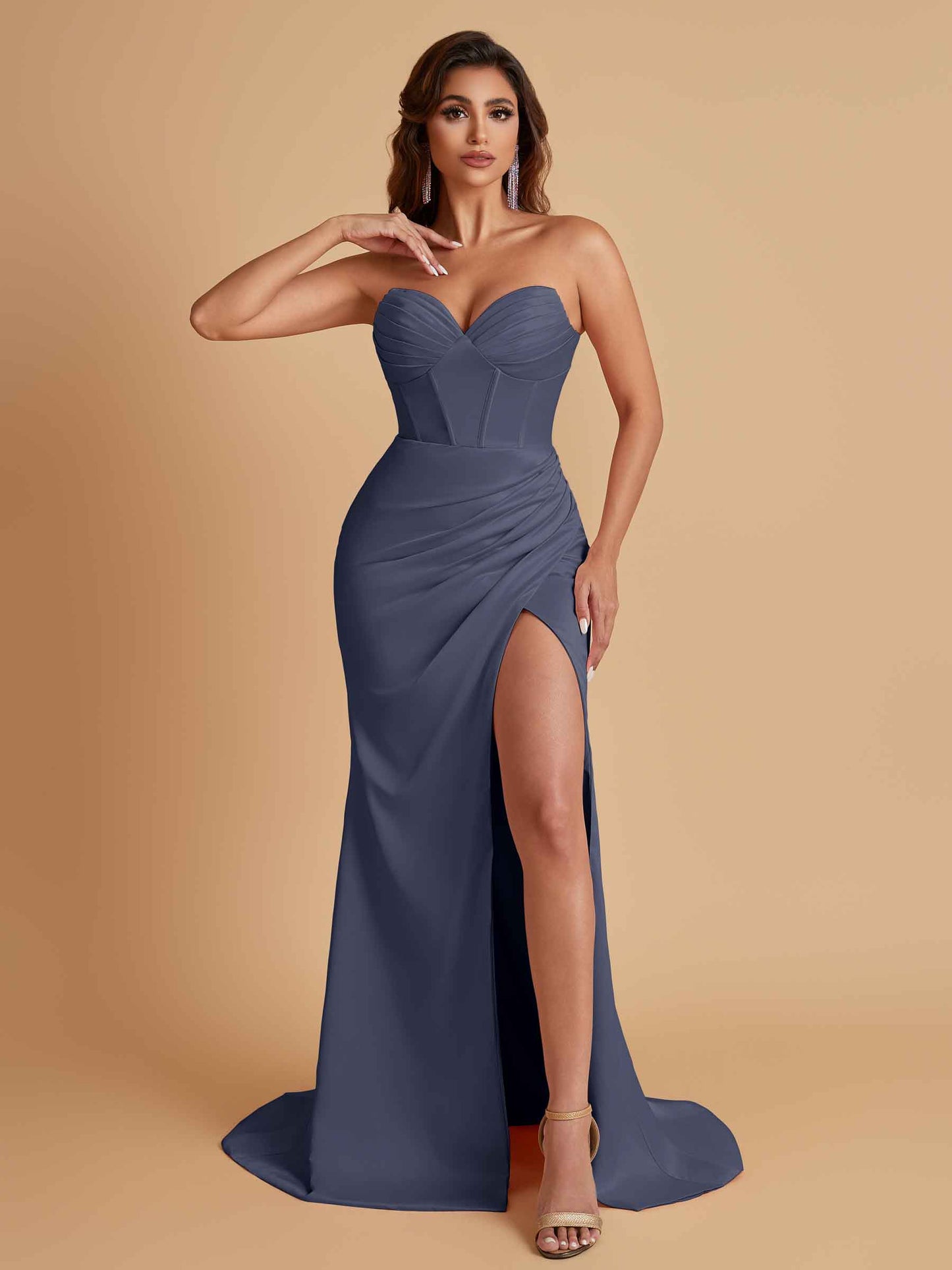 Elegant Soft Satin Mermaid V-neck Side Slit Floor-Length Bridesmaid Dresses Online