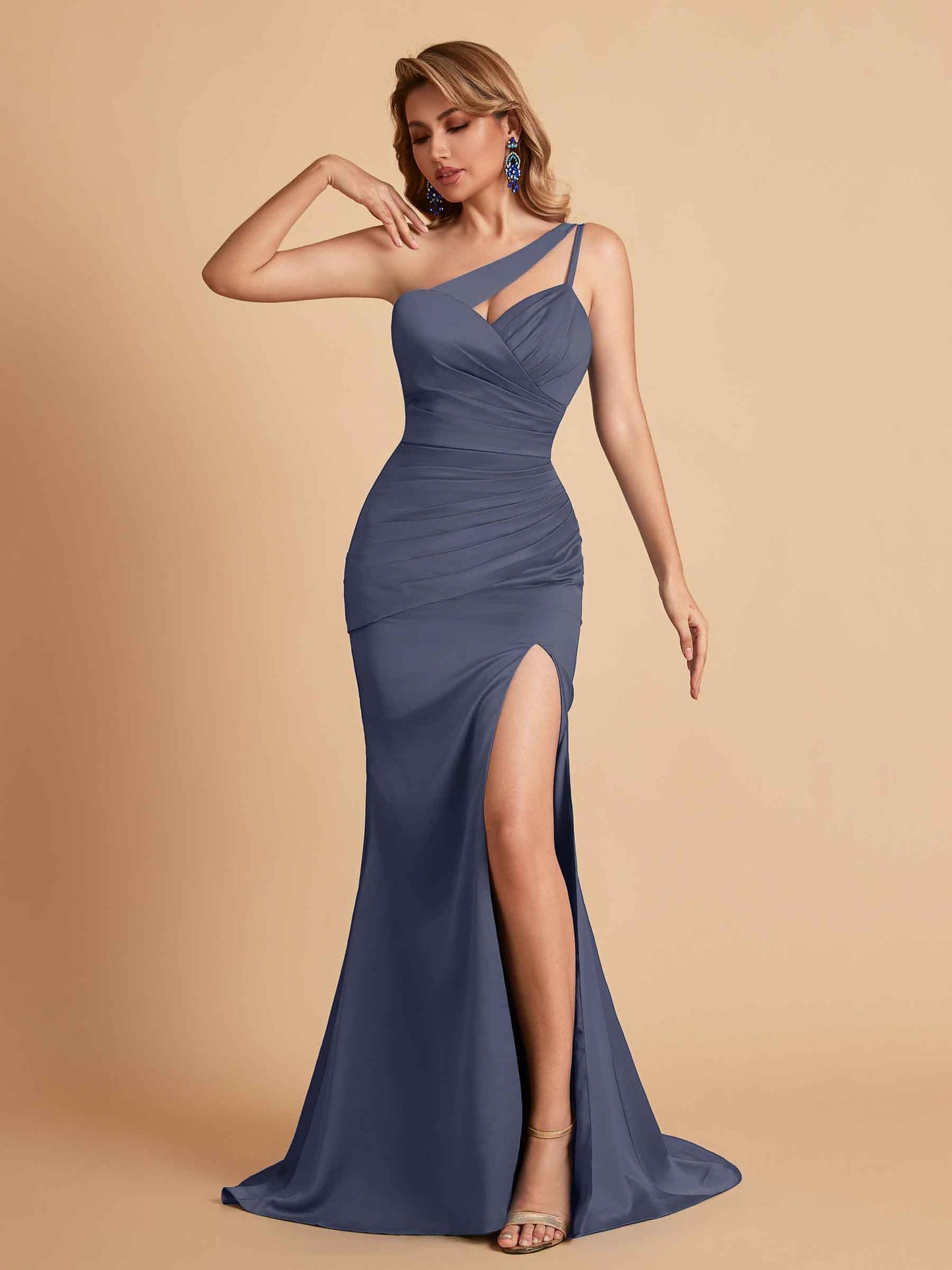 Elegant Satin One Shoulder Mermaid Side Slit Floor Length Bridesmaid Dresses