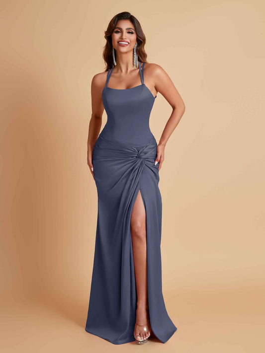 Gorgeous Square Criss Cross Soft Satin Side Slit Floor-Length Mermaid Bridesmaid Dresses