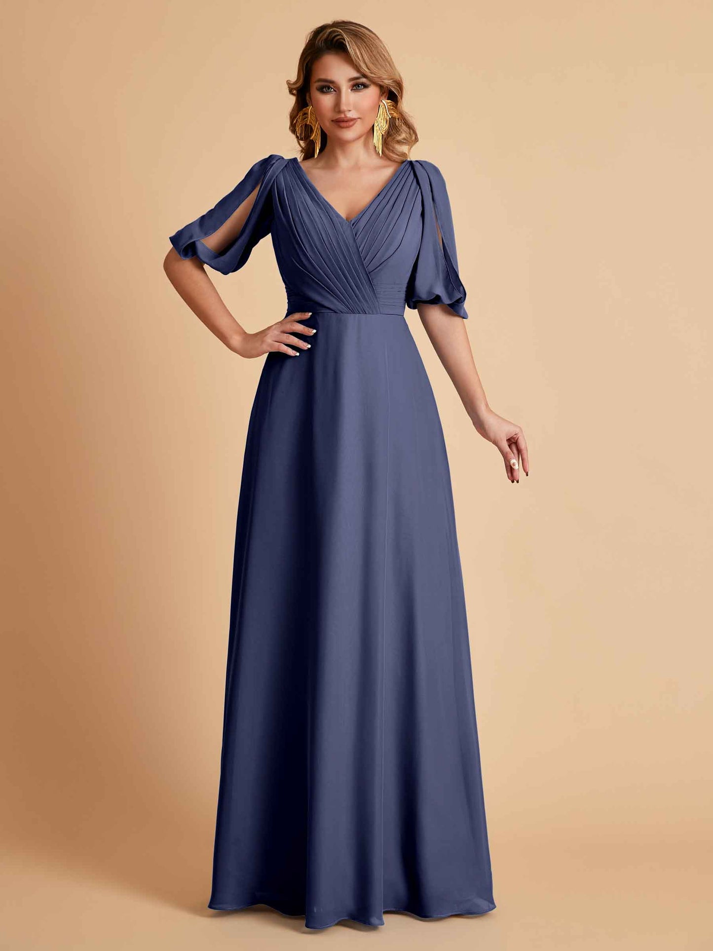 Elegant A-Line Chiffon Half Sleeves V-Neck Mother of the Brides Dresses Online