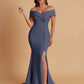 Elegant Soft Satin Mermaid Off Shoulder Side Slit Floor-Length Bridesmaid Dresses