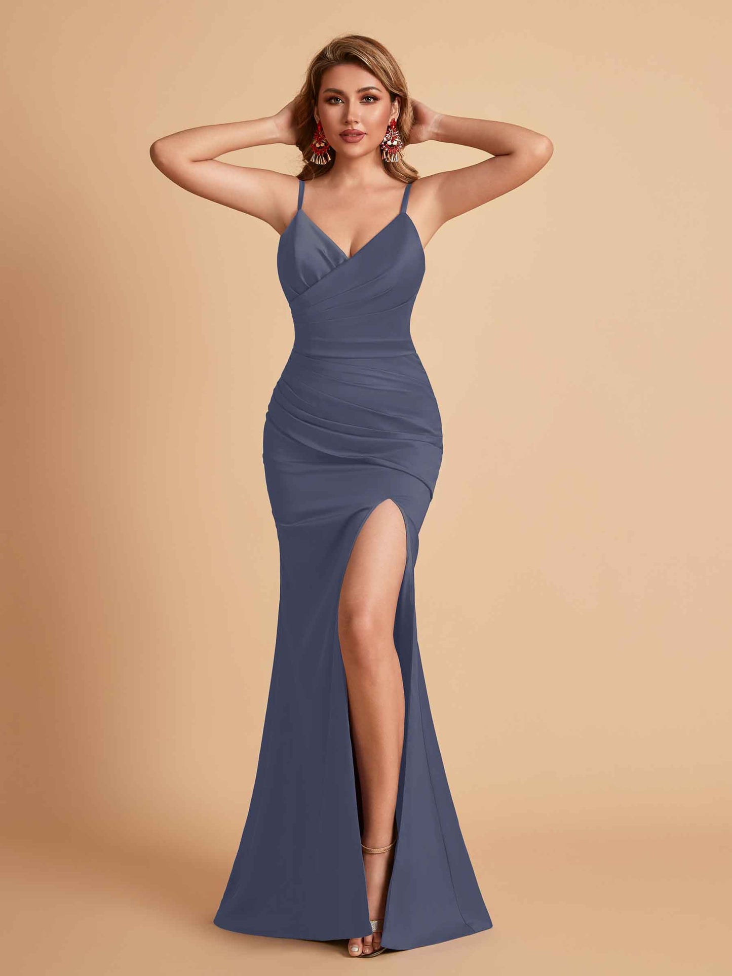 Sexy Satin V-neck Side Slit Mermaid Floor Length Bridesmaid Dresses