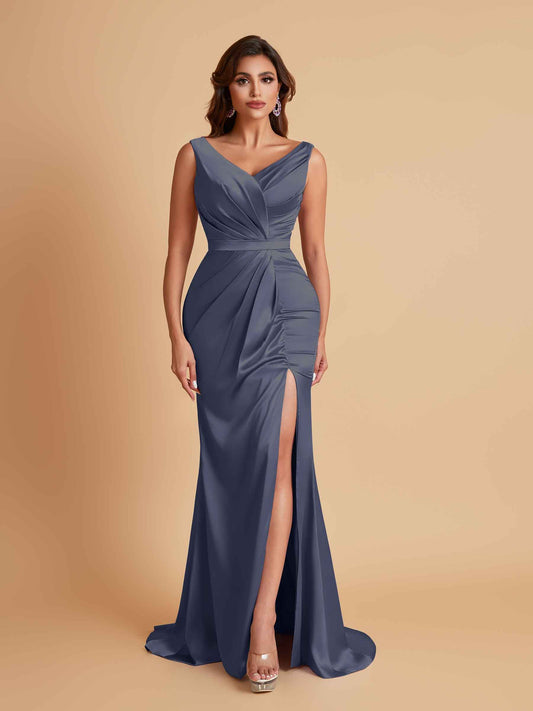 Elegant V Neck Soft Satin Side Slit Floor-Length Mermaid Bridesmaid Dresses