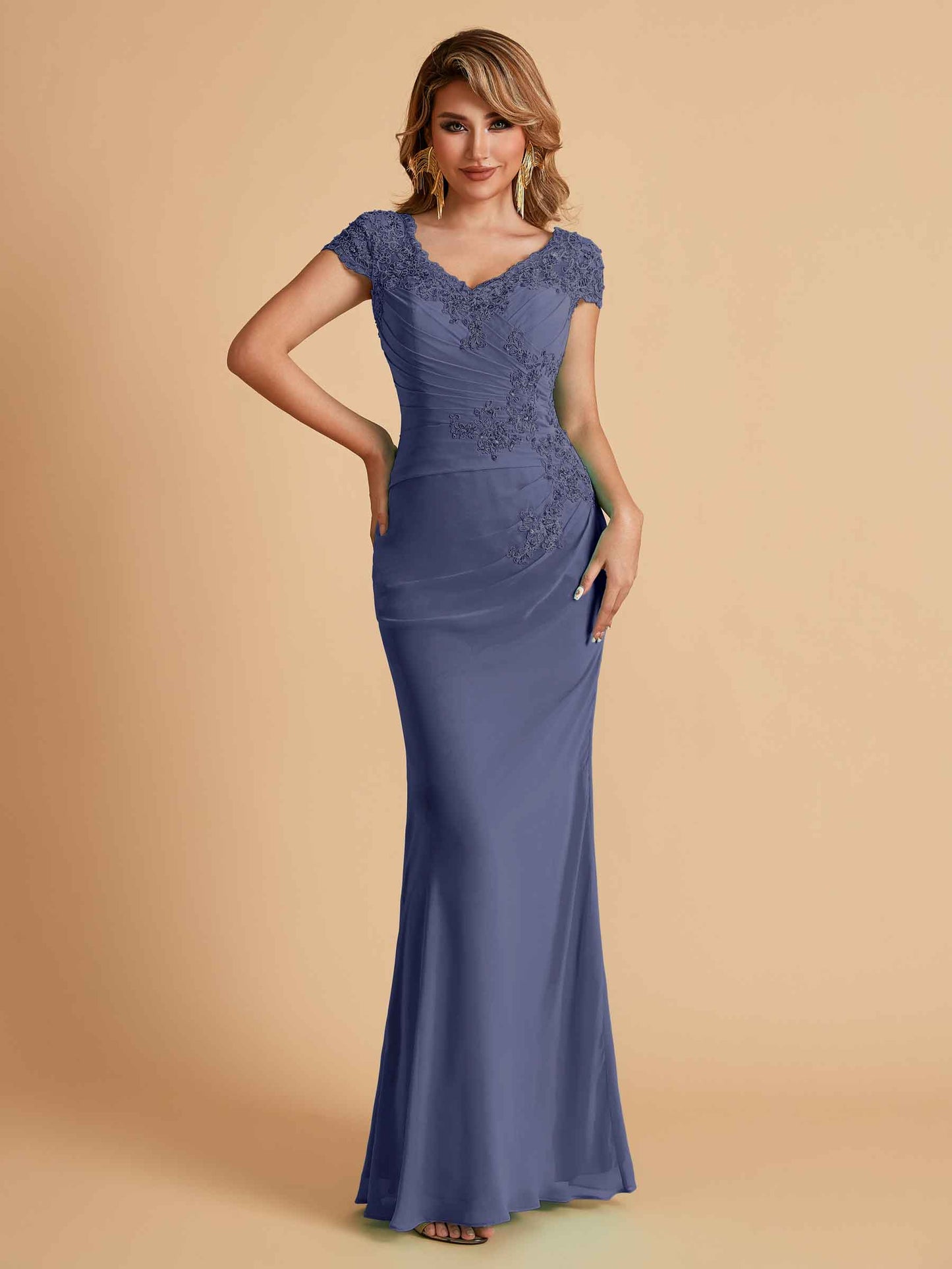 Elegant Mermaid Chiffon Cap Sleeves V-Neck Mother of the Brides Dresses Online