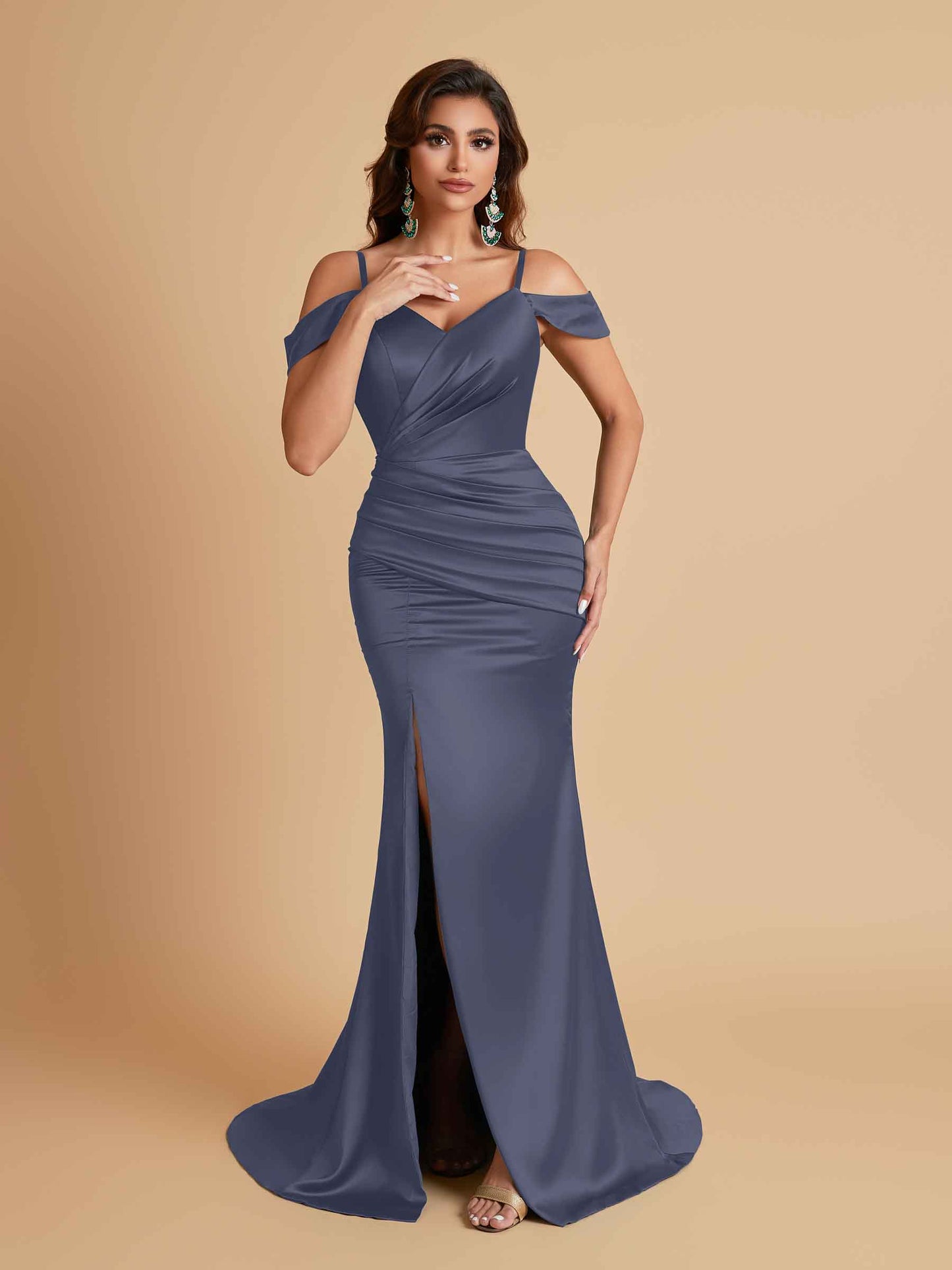 Sexy Soft Satin Mermaid Off Shoulder Side Slit Floor-Length Mermaid Bridesmaid Dresses
