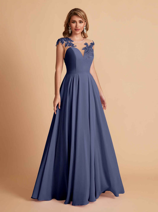 Chiffon Illusion Lace Top A-line Bridesmaid Dresses V-neck Floor Length Wedding Guest Dresses