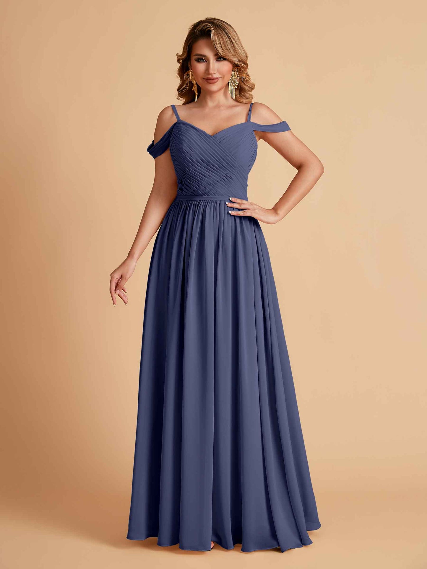 Elegant A-line Chiffon Off The Shoulder V-Neck Bridesmaid Dresses Online