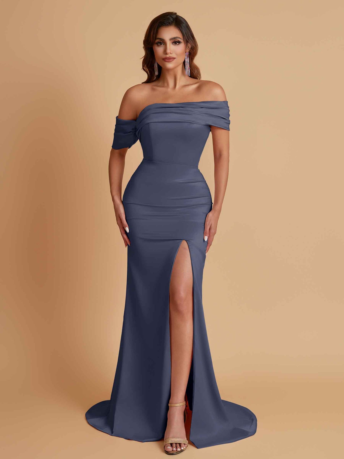 Elegant Soft Satin Mermaid Off Shoulder Asymmetrical Side Slit Floor-Length Bridesmaid Dresses