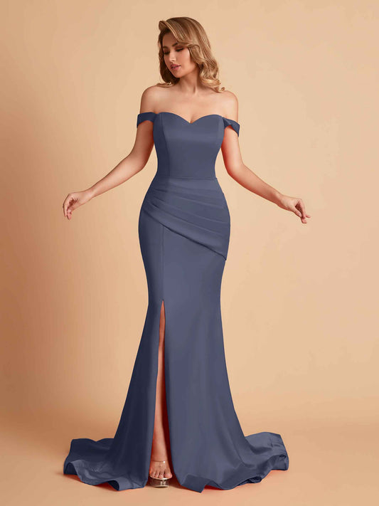Elegant Satin Off the Shoulder Mermaid Side Slit Floor Length Bridesmaid Dresses