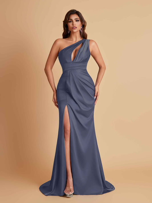 Sexy One Shoulder Soft Satin Side Slit Floor-Length Mermaid Bridesmaid Dresses
