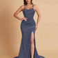Sexy Spaghetti Straps V Neck Soft Satin Side Slit Floor-Length Mermaid Bridesmaid Dresses