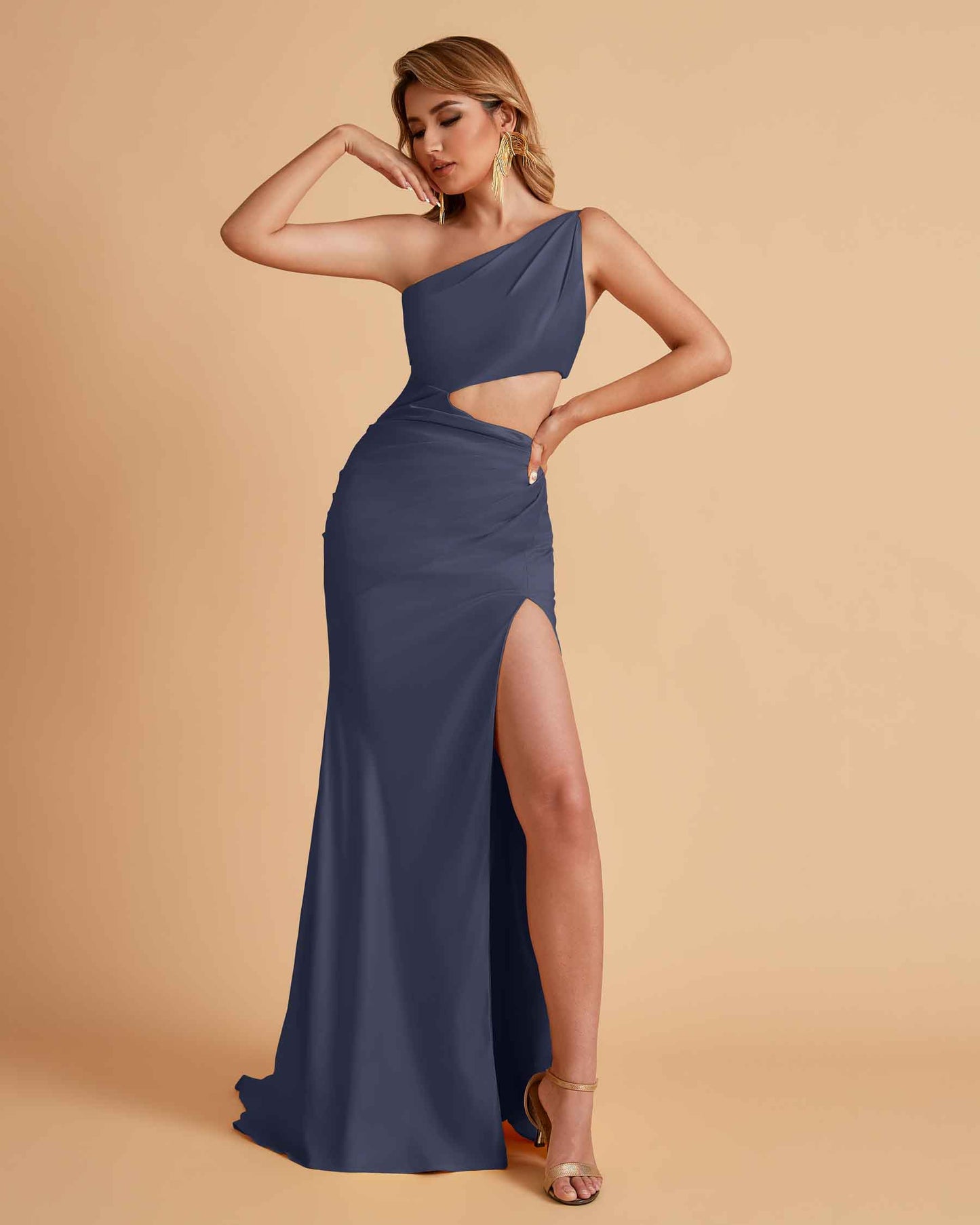 Sexy One-Shoulder Waist Cutout With High Split Floor-Length Bridesmaid Dresses