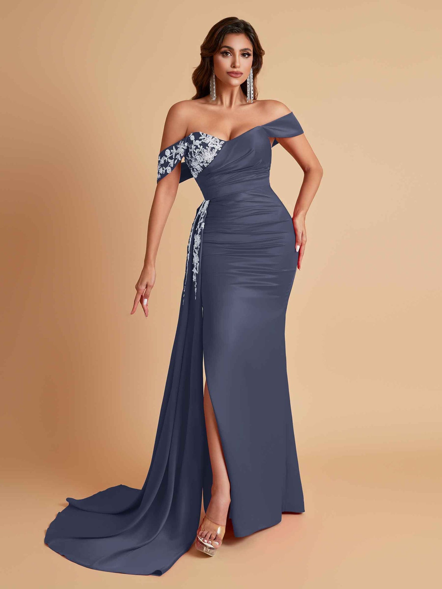 Elegant Soft Satin Mermaid Off Shoulder Floor-Length Mermaid Bridesmaid Dresses