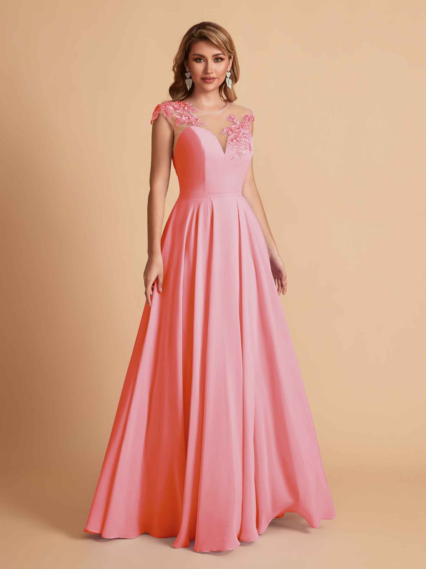 Chiffon Illusion Lace Top A-line Bridesmaid Dresses V-neck Floor Length Wedding Guest Dresses