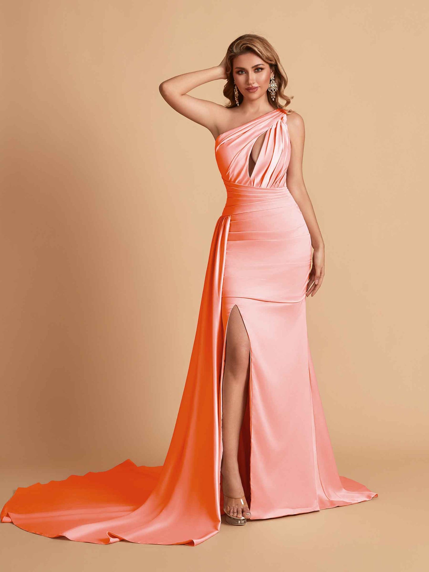 Sexy Satin Mermaid One Shoulder Side Slit Long Bridesmaid Dresses