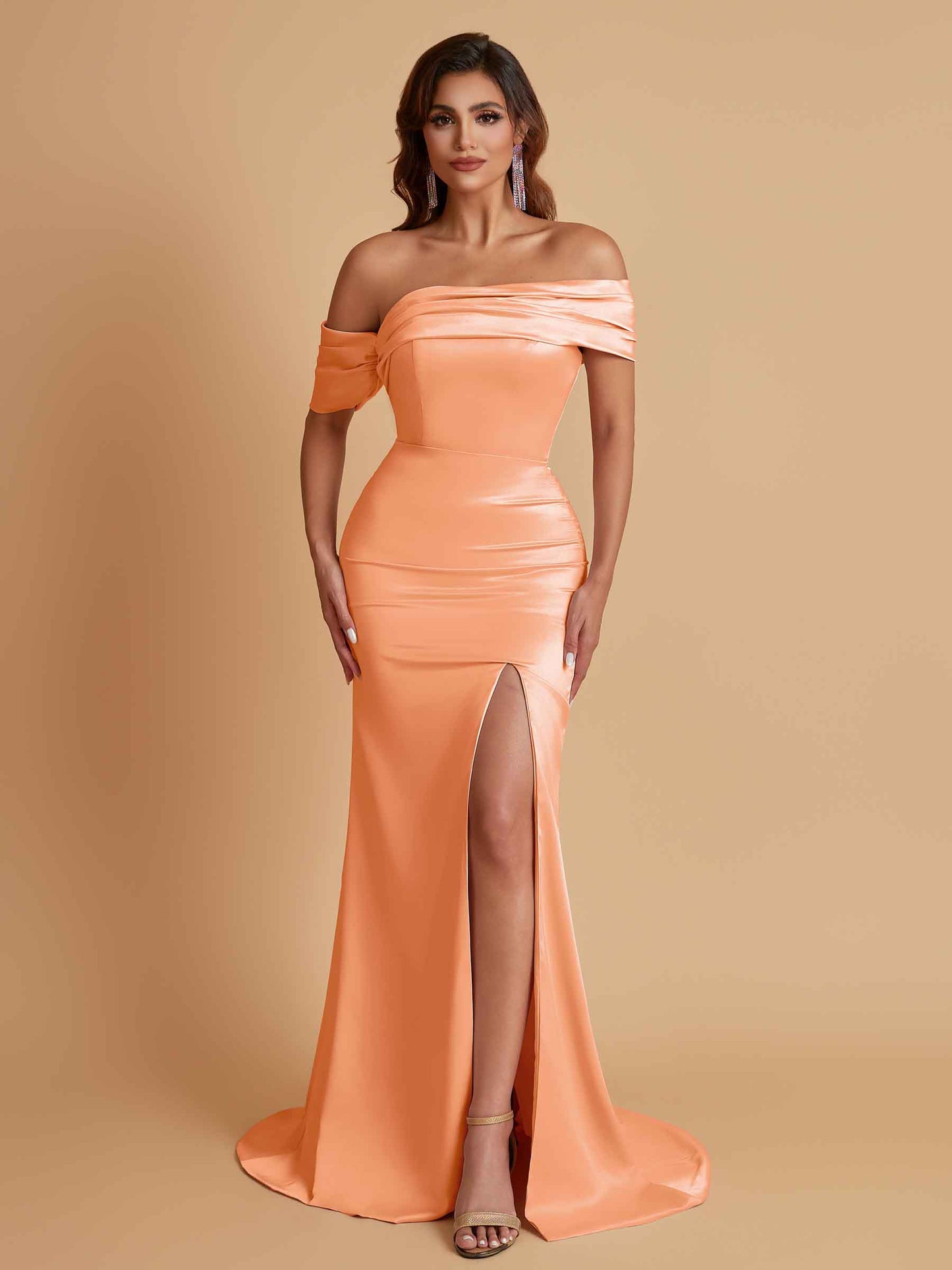 Elegant Soft Satin Mermaid Off Shoulder Asymmetrical Side Slit Floor-Length Bridesmaid Dresses