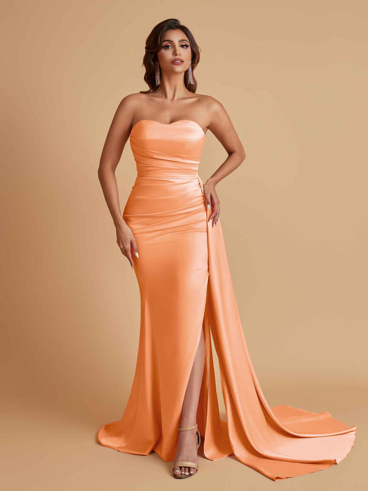 Simple Soft Satin Mermaid Strapless Floor-Length Mermaid Bridesmaid Dresses