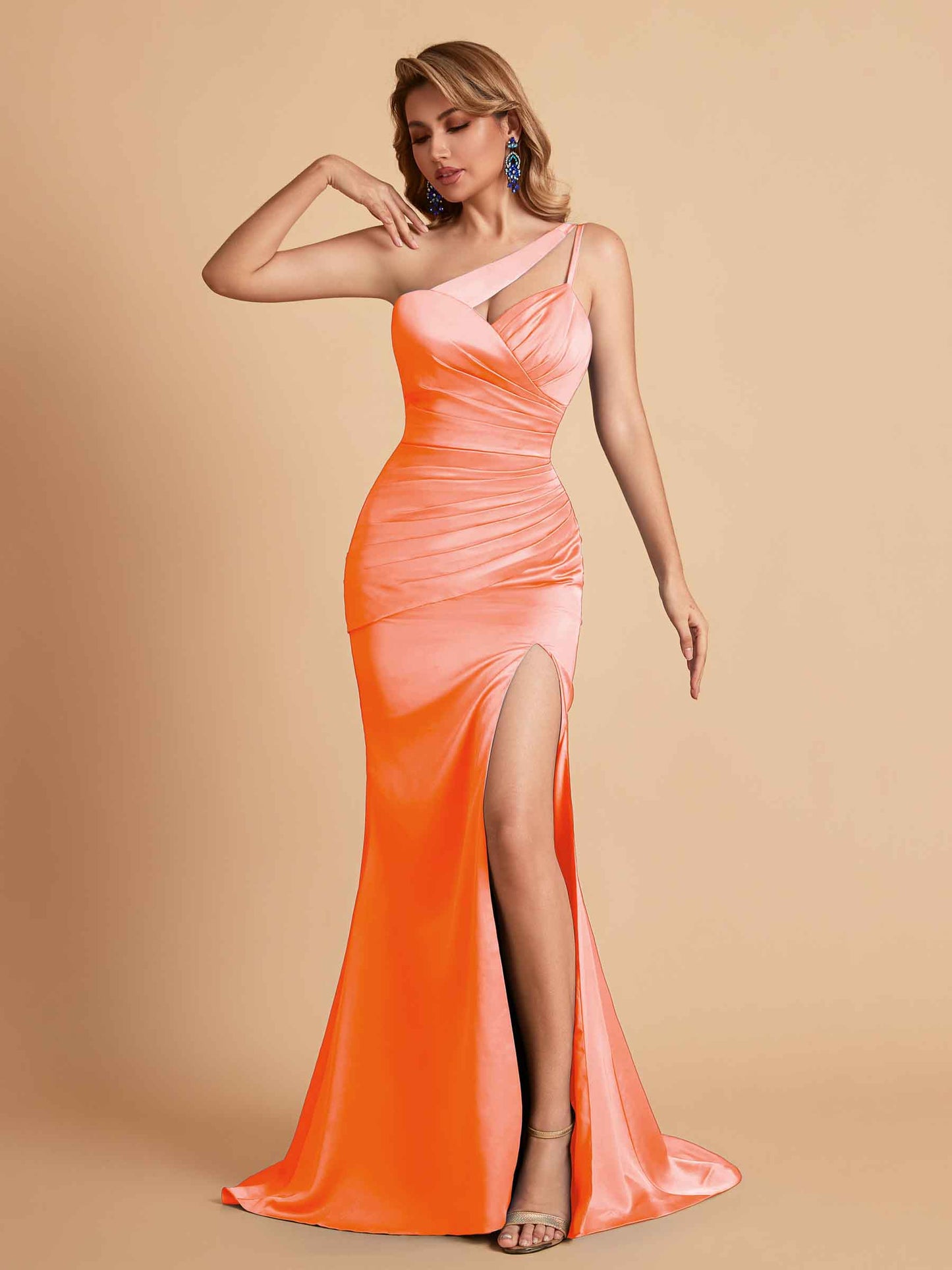 Elegant Satin One Shoulder Mermaid Side Slit Floor Length Bridesmaid Dresses