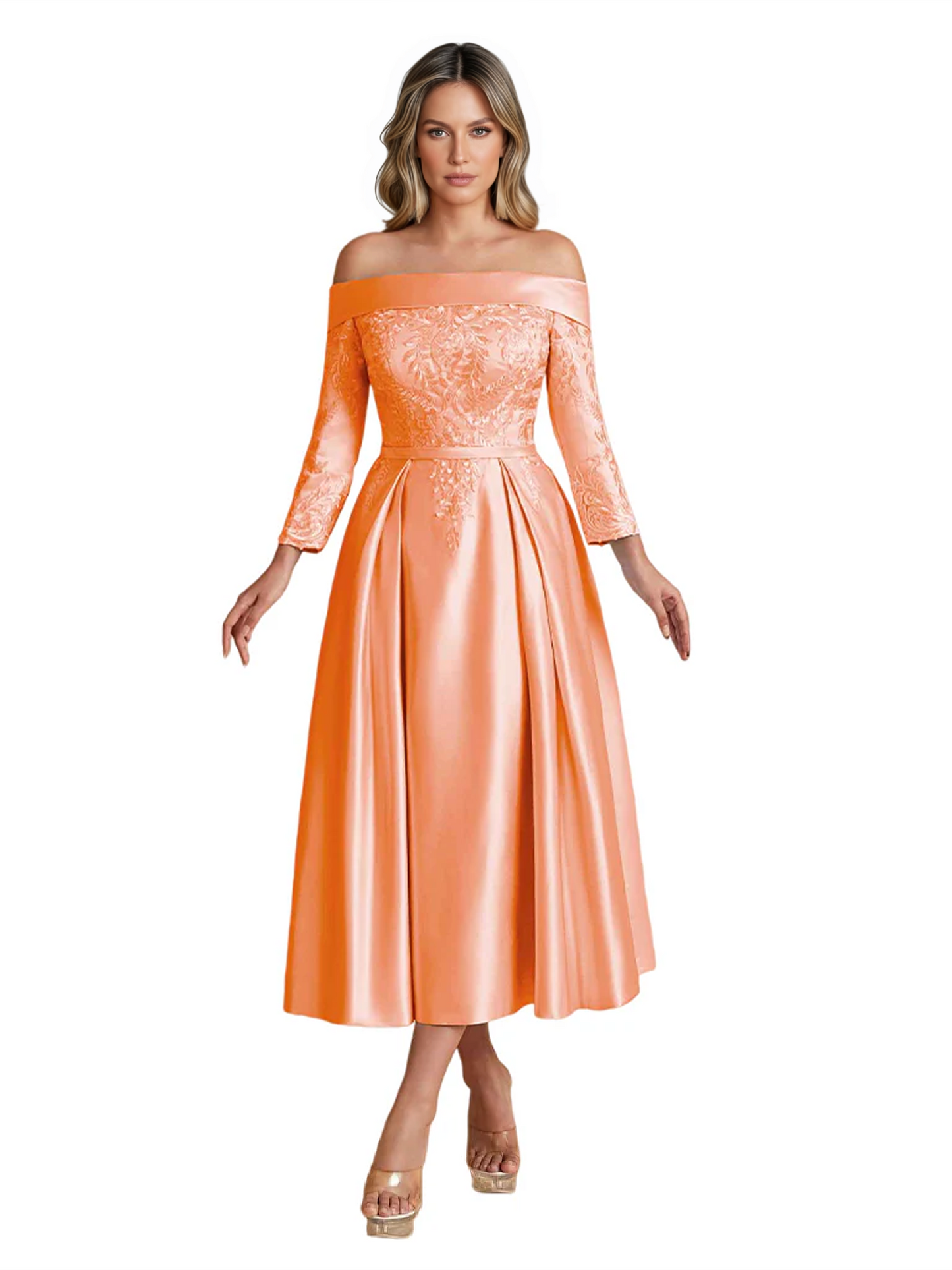 Off Shoulder Mother of the Bride Dress Tea-Length Satin Gown with Lace Applique