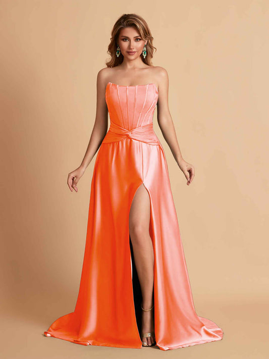 Elegant Satin Sweetheart A-Line Side Slit Floor Length Bridesmaid Dresses