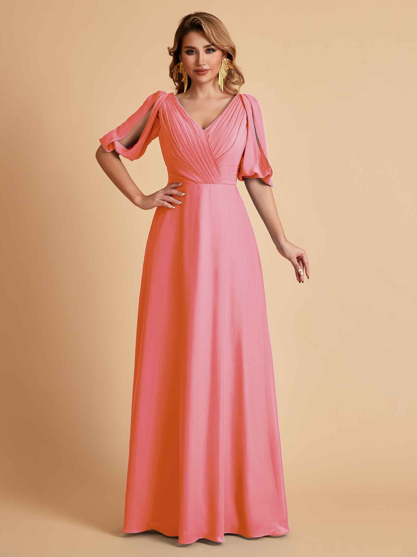 Elegant A-Line Chiffon Half Sleeves V-Neck Mother of the Brides Dresses Online
