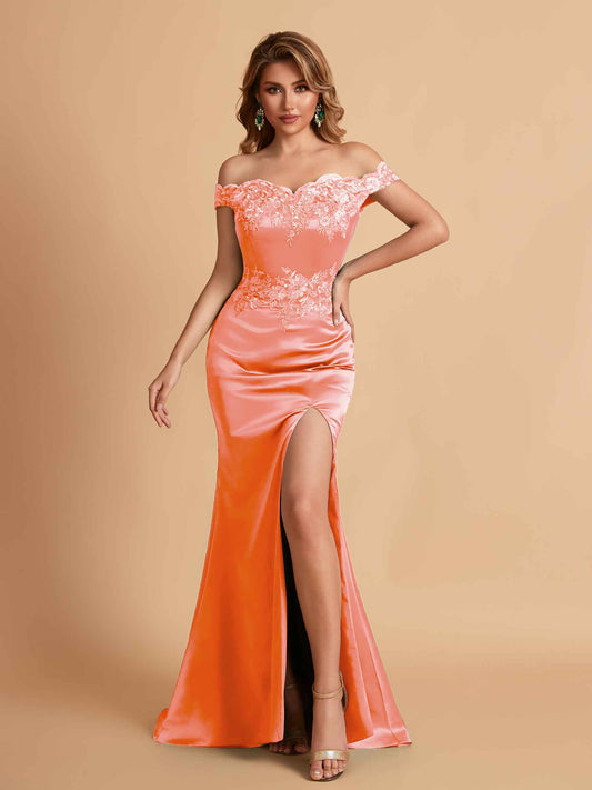 Elegant Satin Off Shoulder Mermaid Side Slit Floor Length Bridesmaid Dresses