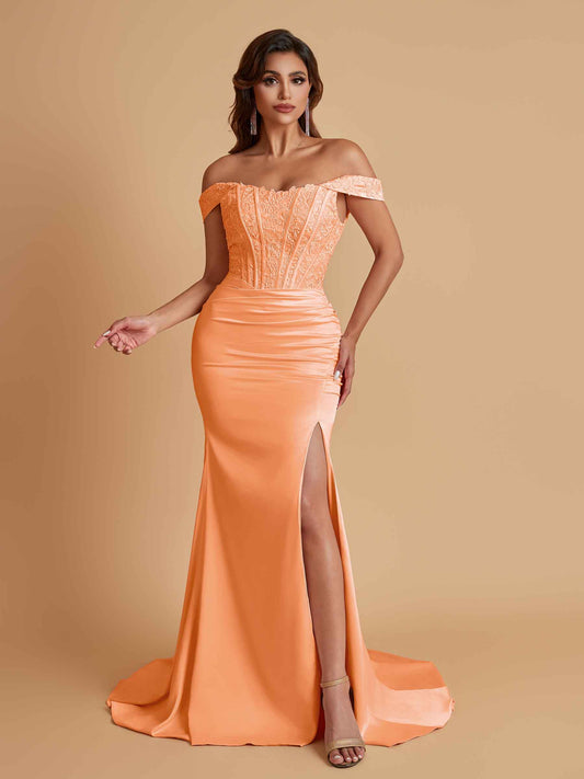 Elegant Soft Satin Mermaid Off Shoulder Side Slit Floor-Length Mermaid Bridesmaid Dresses