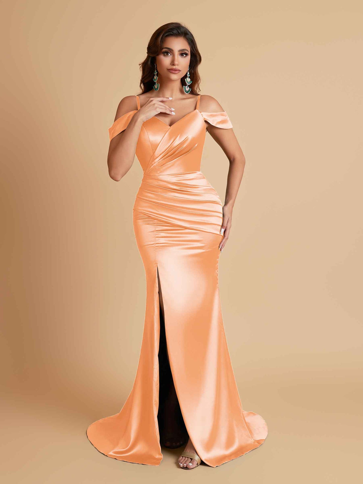 Sexy Soft Satin Mermaid Off Shoulder Side Slit Floor-Length Mermaid Bridesmaid Dresses