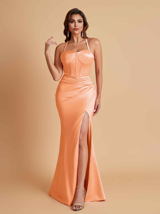 Sexy Soft Satin Mermaid Spaghetti Straps Side Slit Floor-Length Bridesmaid Dresses
