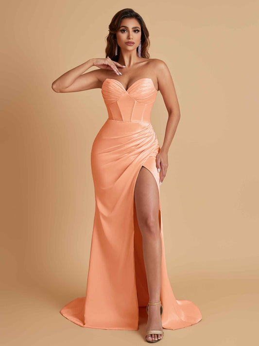 Elegant Soft Satin Mermaid V-neck Side Slit Floor-Length Bridesmaid Dresses Online