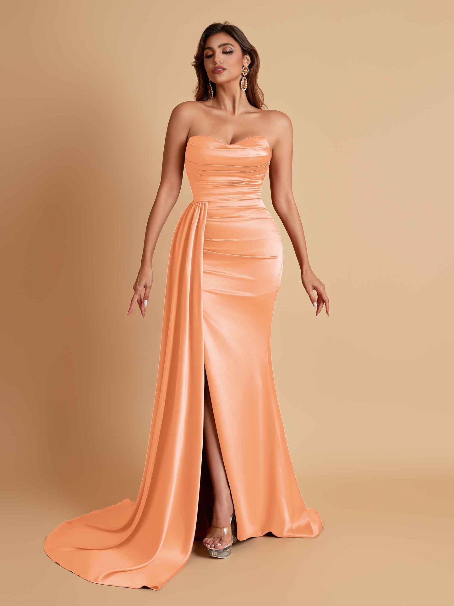 Elegant Soft Satin Sweetheart Strapless Side-Slit Mermaid Bridesmaid Dresses