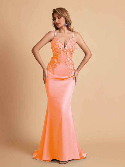Sexy Satin Spaghetti Straps V-neck Mermaid Floor Length Applique Bridesmaid Dresses