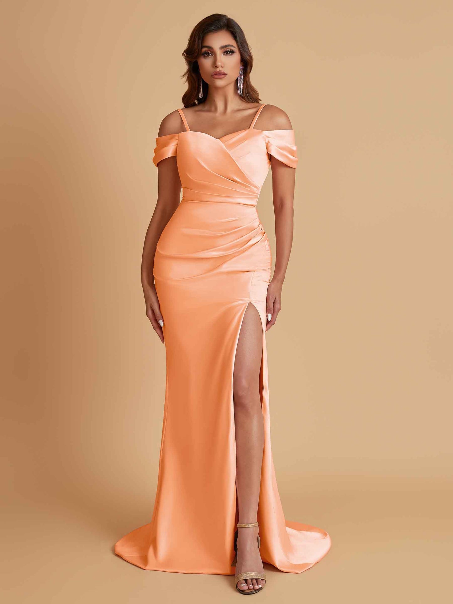 Sexy Soft Satin Mermaid Cold Shoulder Side Slit Floor-Length Bridesmaid Dresses Online