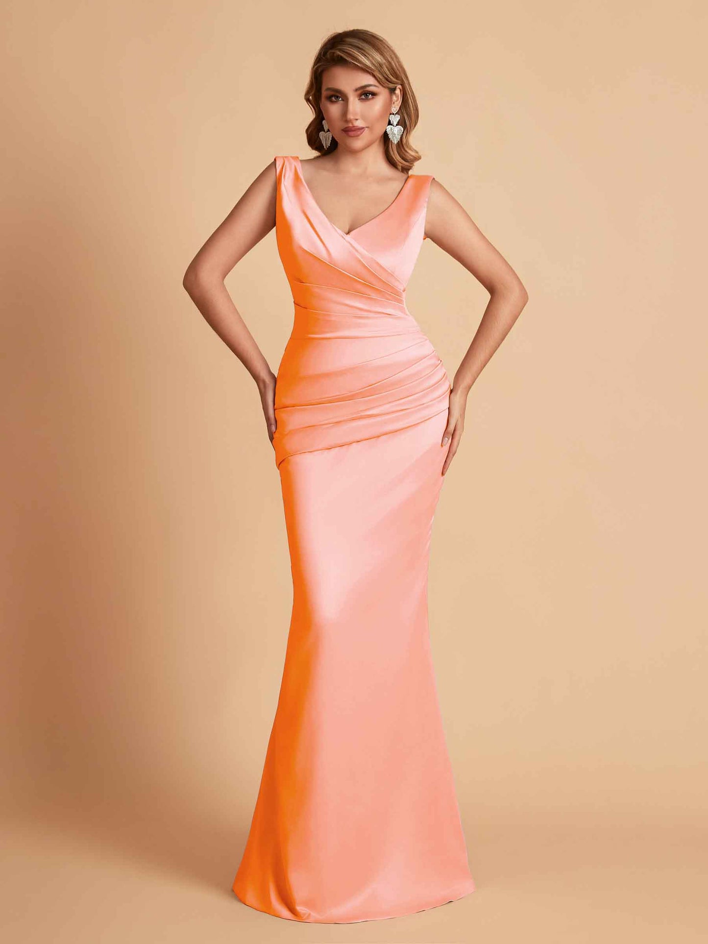 Elegant Satin V-neck Sleeveless Mermaid Floor Length Bridesmaid Dresses