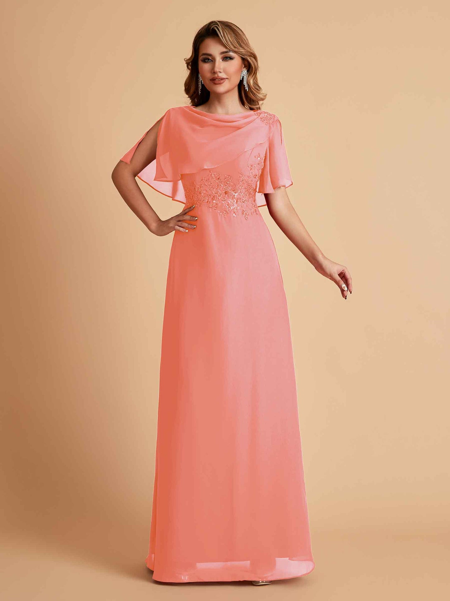 Elegant A-Line Chiffon Half Sleeves Jewel Mother of the Brides Dresses Online