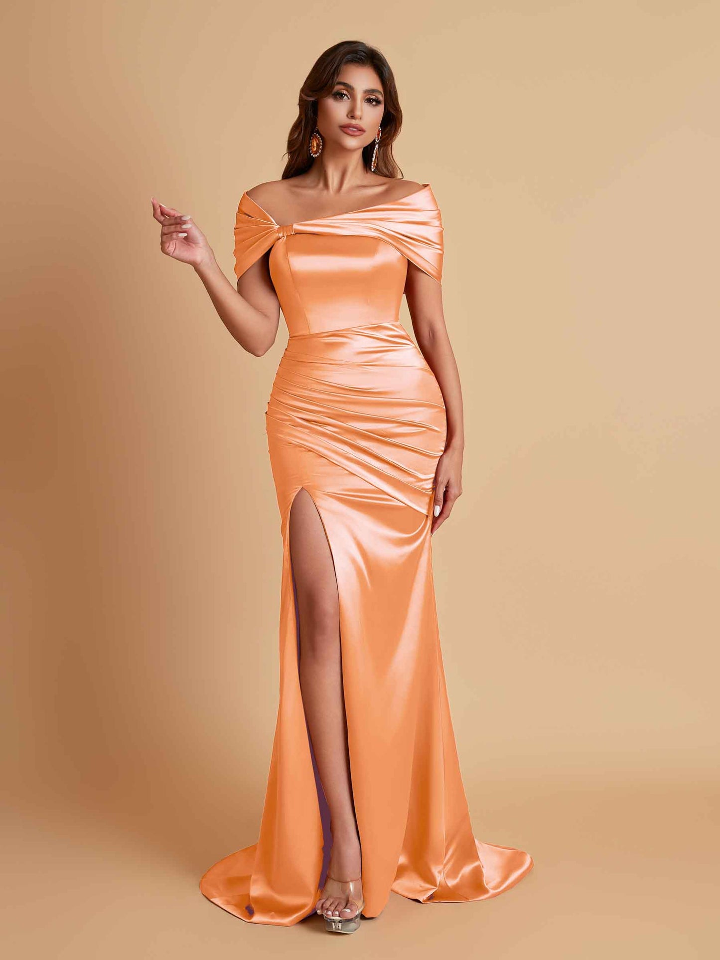 Elegant Soft Satin Off-the-shoulder Side-Slit Mermaid Bridesmaid Dresses