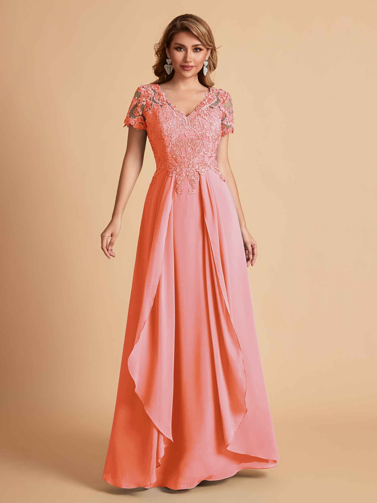 Elegant A-Line Chiffon Short Sleeves V-neck Mother of the Brides Dresses Lace Top MOB Dresses