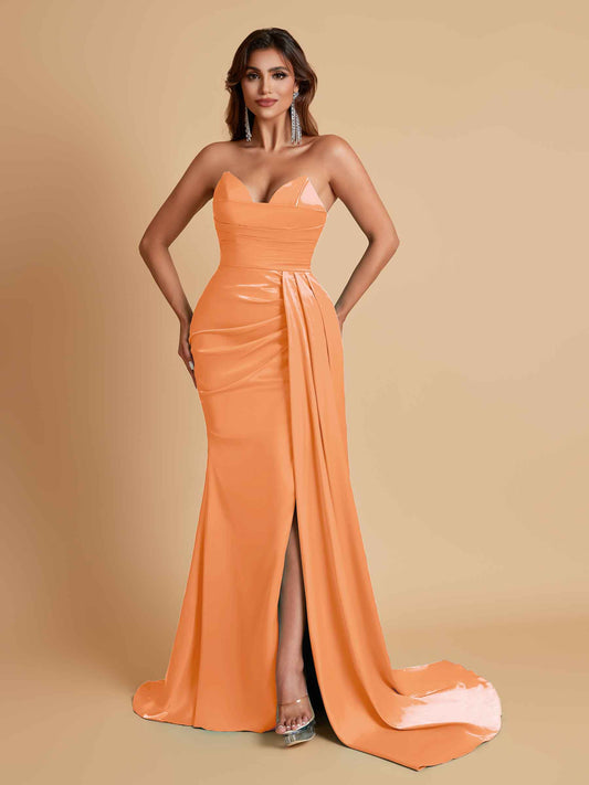 Gorgeous Strapless Soft Satin Side Slit Floor-Length Mermaid Bridesmaid Dresses