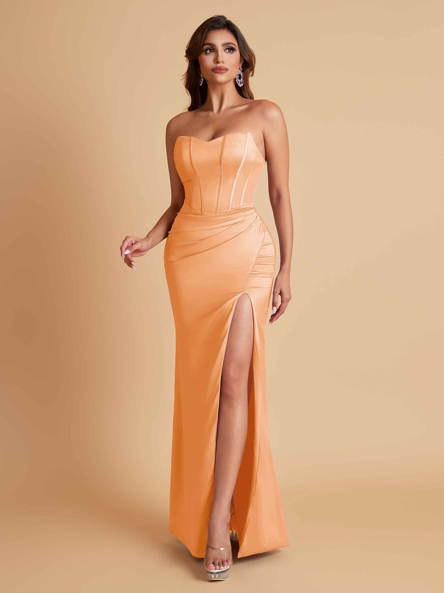 Sexy Strapless Soft Satin Side Slit Floor-Length Mermaid Bridesmaid Dresses