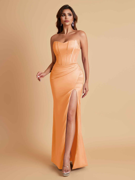 Sexy Strapless Soft Satin Side Slit Floor-Length Mermaid Bridesmaid Dresses