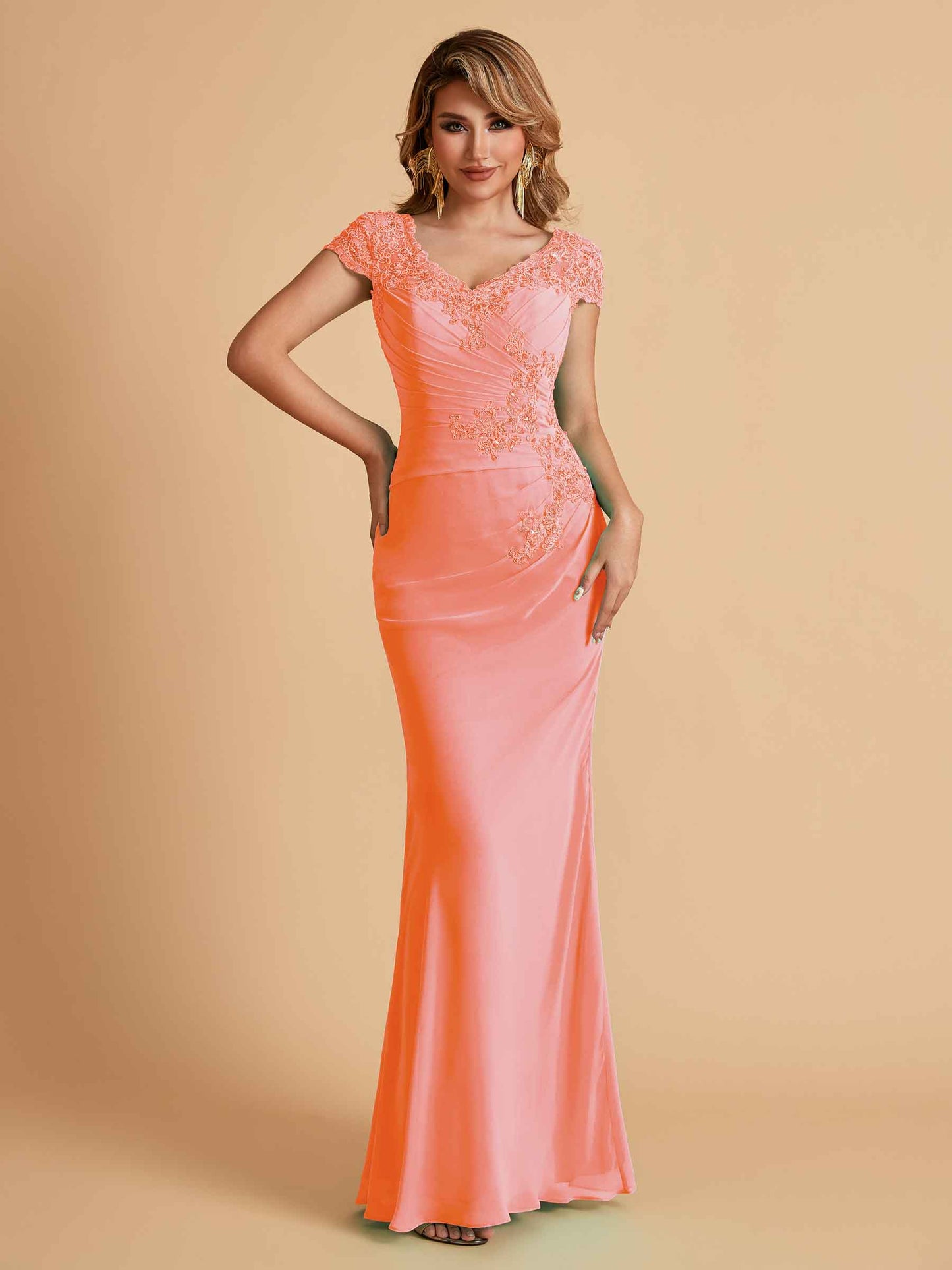 Elegant Mermaid Chiffon Cap Sleeves V-Neck Mother of the Brides Dresses Online