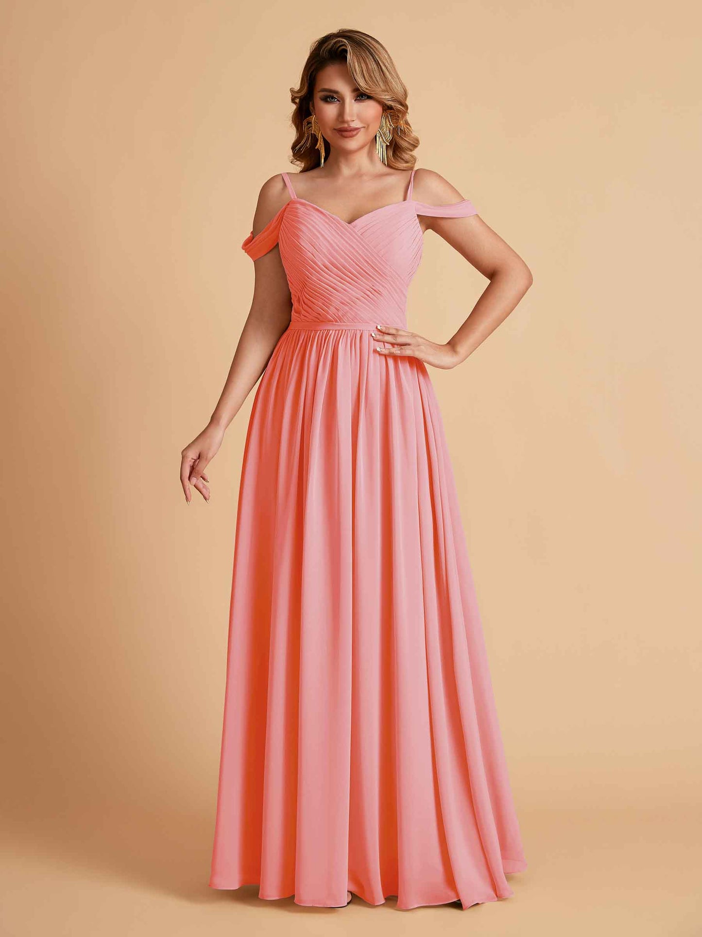 Elegant A-line Chiffon Off The Shoulder V-Neck Bridesmaid Dresses Online