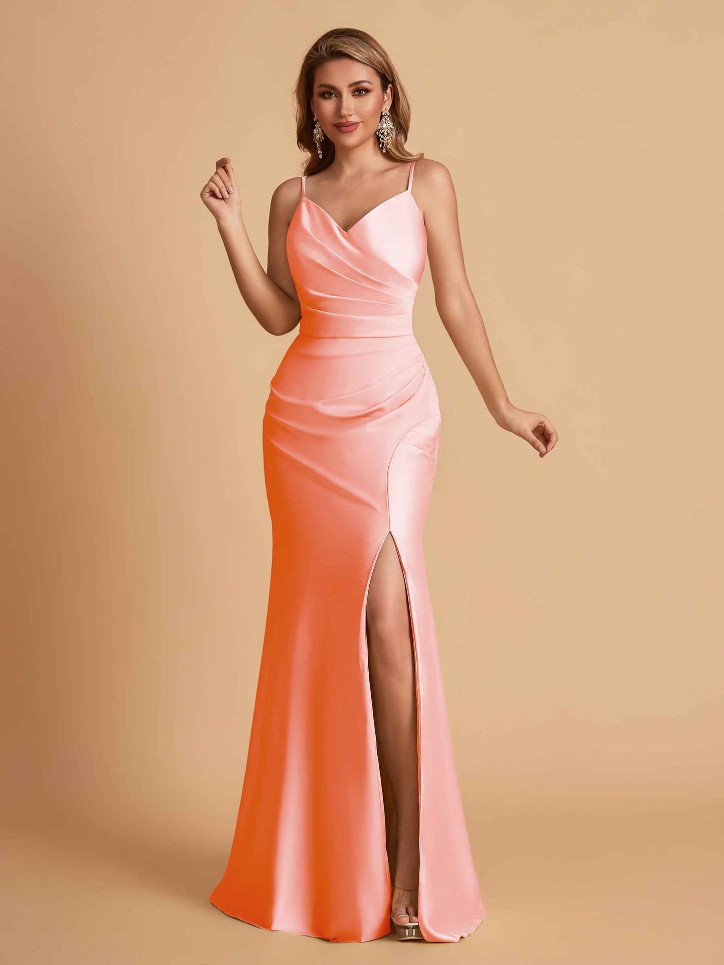 Elegant Satin Spaghetti Straps Mermaid Side Slit Floor Length Bridesmaid Dresses
