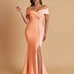 Elegant Soft Satin Mermaid Off Shoulder Side Slit Floor-Length Bridesmaid Dresses