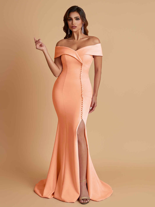 Elegant Soft Satin Mermaid Off Shoulder Side Slit Floor-Length Bridesmaid Dresses