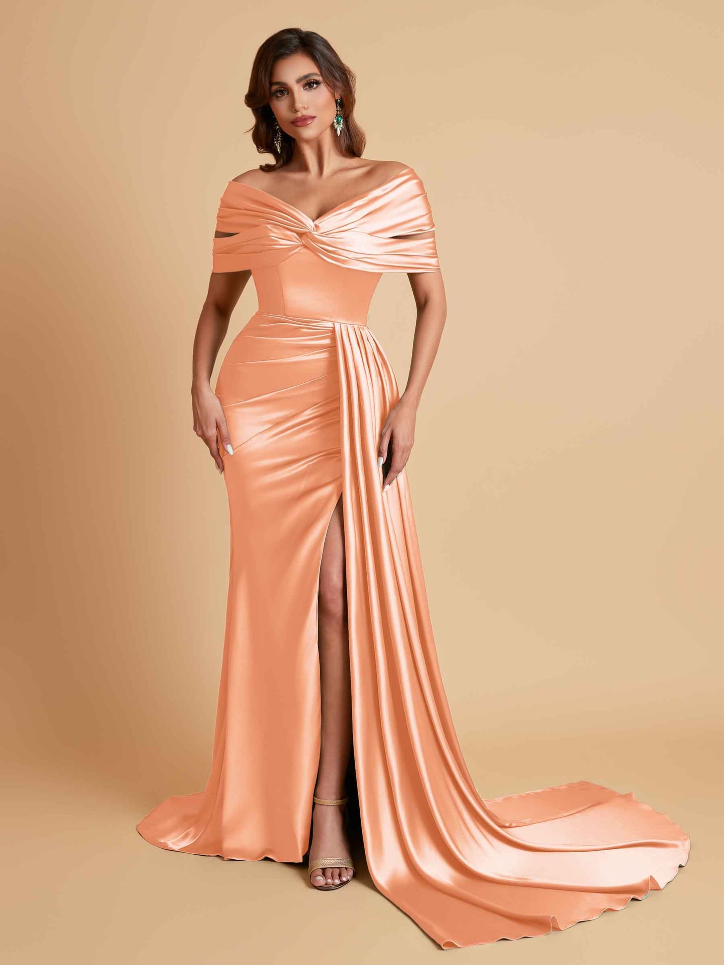Elegant Soft Satin V-neck Off-the-Shoulder Side-Slit Mermaid Bridesmaid Dresses