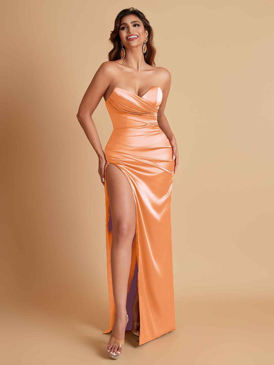 Soft Satin Elegant V-neck Strapless Split Side Mermaid Bridesmaid Dresses
